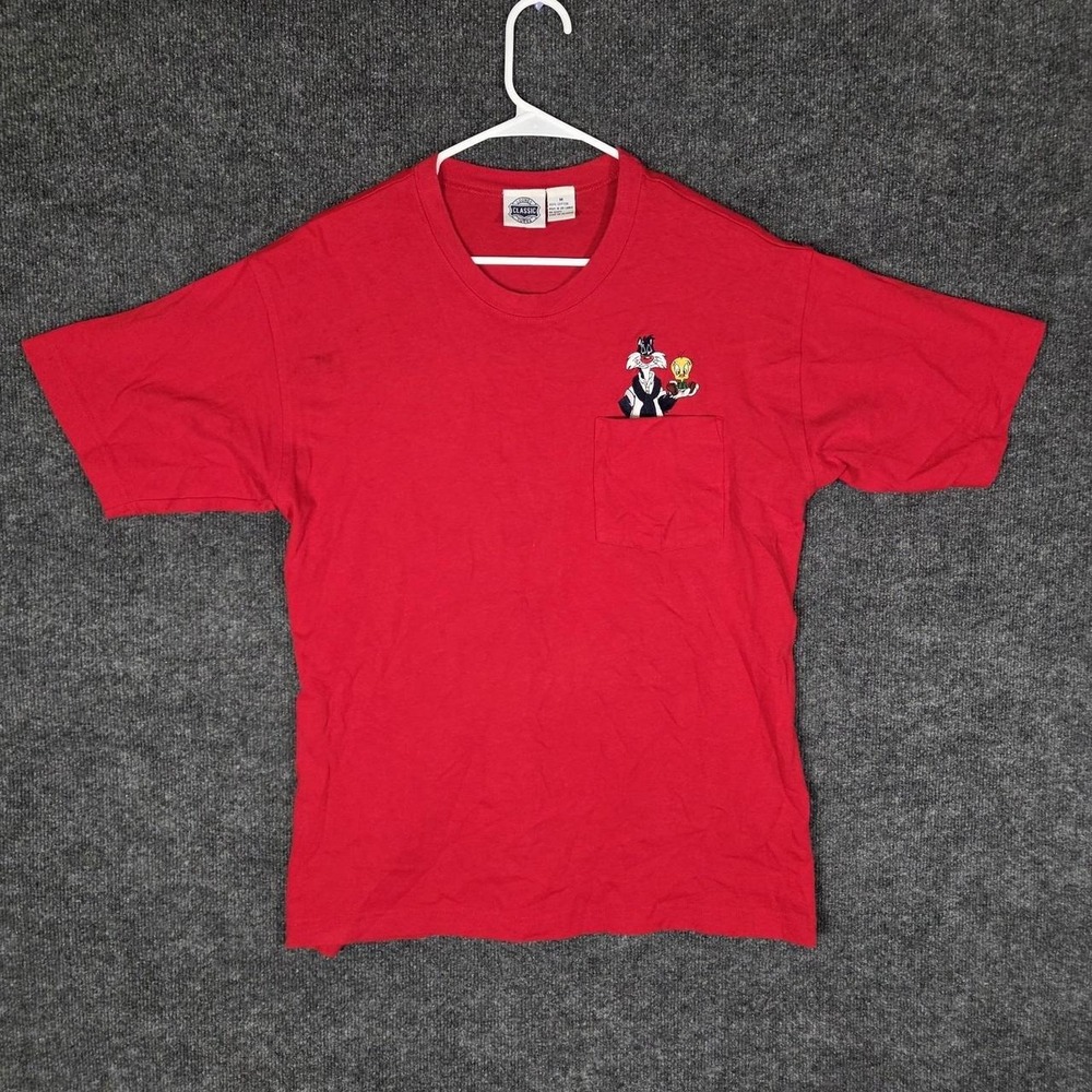 Vintage Looney Tunes Sylvester Tweety Pocket T-Shirt Mens Medium Red Embroidered